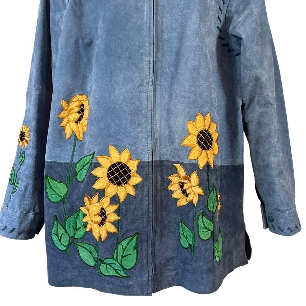 Quacker Factory blue suede Whipstitched Sunflower patchwork jacket - Picture 4 of 14